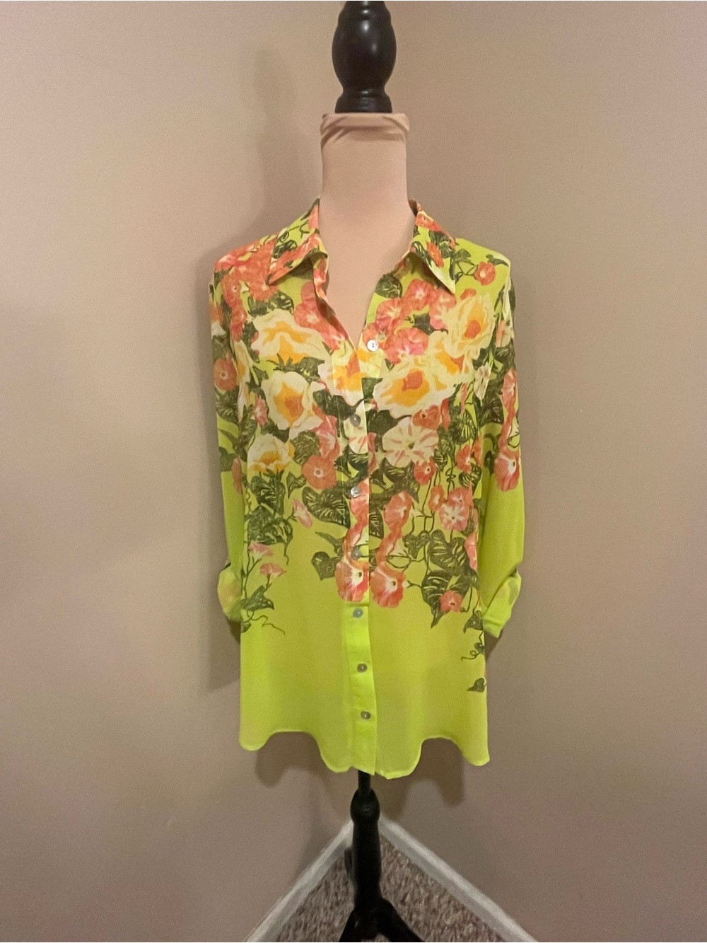 Multiples Sheer Floral Button-Up Blouse in Lime Green